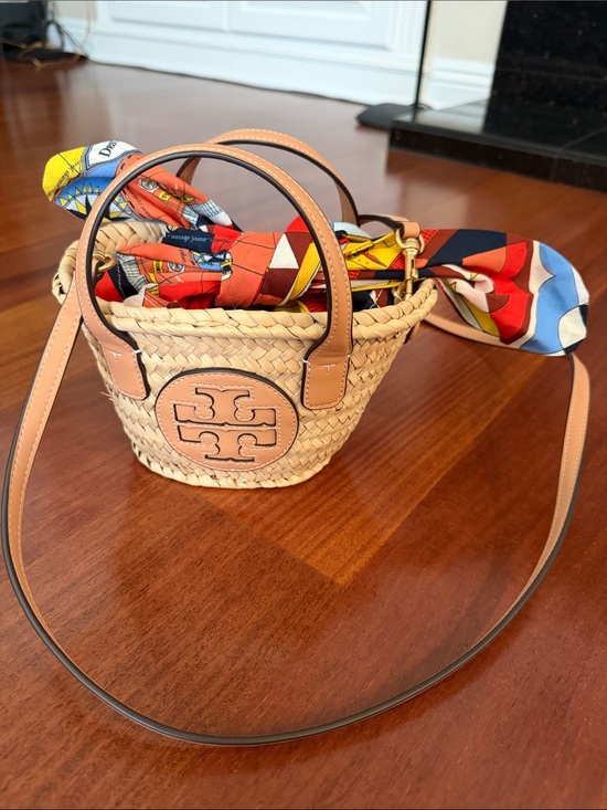 Tory Burch Handbags - Tory Burch Straw Mini Basket Bag with Pink Leather Trim and Multicolor Scarf
